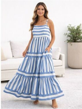 Blue White Striped Tiered Maxi Dress Smocked Back Summer